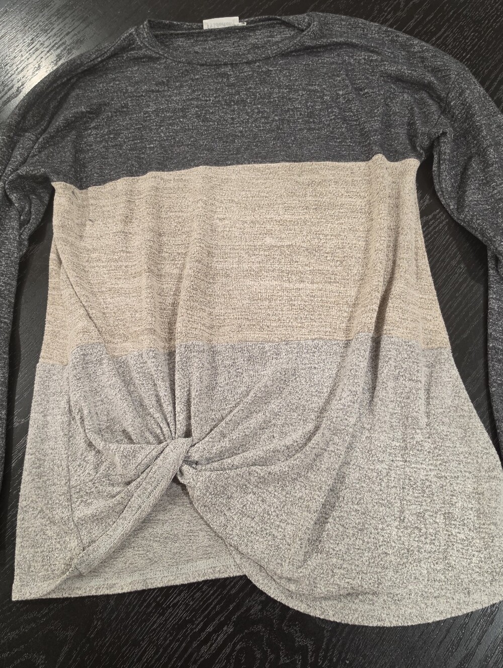 Colorblock Twist-Front Long Sleeve Top - Charcoal, Beige, Light Gray